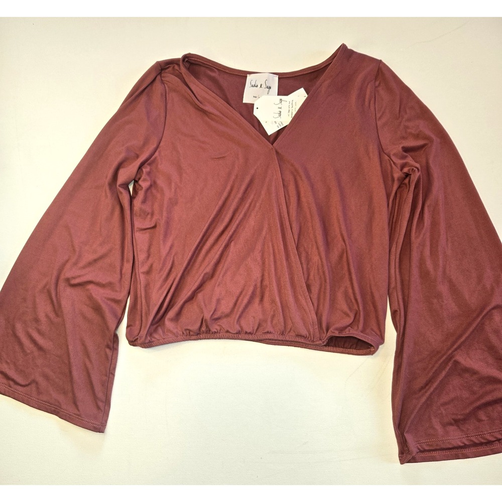 Sadie & Sage Marsala Faux Wrap Bell Sleeves Elastic Waist Womens Top Small